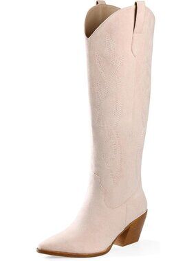 Women's Pink Microsuede Cow Girl Knee High Stylish Pointed Toe Block Heel Boots